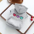 Macro detail of a grey pet hoodie featuring heart embroidery and soft fleece lining - Colorful Hearts Valentine Hoodie / XS-Bust 30cm, Length 20cm (Approx 1-1.5kg)