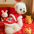 Festive red pet tang suit with lion embroidery and white fur trim for small dogs - XS / Lion Dance Style