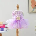 Adorable purple tulle pet dress featuring a tweed top and a large flower bow detail - XS-Bust 30cm, Length 20cm (Approx 1-1.5kg) / Flower Fairy Tutu / Purple