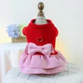 Robe élégante rouge pour animaux avec nœud pied-de-poule rose et anneau en D pour chats - Harnais Plaid Rouge Rose