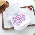 Close-up of white pet hoodie with 'Be Mine' embroidery and metal D-ring for leash - XS / White