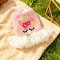 Pink plush pet unicorn dress with multi-layer white lace skirt and metal D-ring for leash - XS / Pink