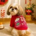 Red pet hoodie with New Year embroidery for dogs and cats in festive knit cotton style - New Year Hoodie Peace and Joy