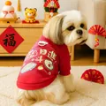 Festive red puppy New Year hoodie with lucky embroidery and D-ring harness attachment - New Year Hoodie Daily Wealth