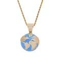 Close-up of gold-plated globe pendant featuring blue enamel ocean and iced-out zircon continents - Gold