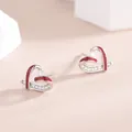 Elegant S925 sterling silver hollow heart earrings with red enamel and white zircon accents - Silver-Red