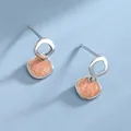 Minimalist silver square earrings with orange marble texture drip oil design - Platinum - Orange Marble Pattern