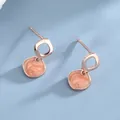 Modern rose gold square earrings with light orange marbled drip oil finish texture - Rose Gold - Orange Marble Pattern (BLN003E)