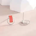 Elegant S925 silver stud earrings with coral red rectangular stone and twisted rope frame - 925 Silver / Silver-Red