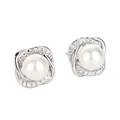 Elegant 925 silver stud earrings featuring round white pearls and square cubic zirconia - White Gold / Pearl Spiral Ornament (BLN134E)