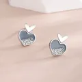 Chic 925 silver double heart stud earrings with grey enamel and sparkling zircon accents - Double Heart Layered / Blue And Silver White Gold