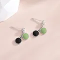 Minimalist S925 silver stud earrings with black and bean green double disc pendants - Yellow Green-White Gold