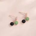 S925 silver rose gold earrings with black and green enamel round pendants and zircon stones - Yellow Green-Rose Gold