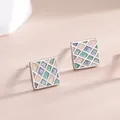 Minimalist S925 sterling silver square earrings with colorful enamel geometric patterns - Square Style (BLN194E) / Silver