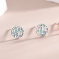 Minimalist S925 sterling silver stud earrings with multi-color grid enamel design - Round Style (BLN196E) / Silver