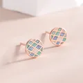 Minimalist S925 silver round stud earrings with rose gold grid and multicolor enamel - Round Style (BLN196E) / Rose Gold