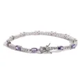Detail view of purple oval crystal tennis bracelet with secure double safety clasp - Silver Tone Purple Zirconia