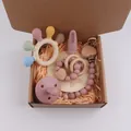 Silicone and wood baby teether gift set in a kraft box with a rattle and pacifier clip - Dusty Rose