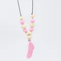 Baby silicone feather teether necklace with pink beads and natural wooden ring beads - Pink