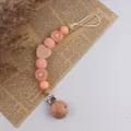 Beech wood and peach silicone pacifier clip with crochet beads and heart wood block - Rose Pink