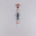 Roze en grijze siliconen speenketting met beukenhouten kralen en muisdecoratie - Muis