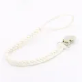 Macro detail of white braided pacifier clip leash with silver metal buckle and loop - White