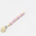 Pink silicone and wooden beads pacifier clip with metal fastener for baby feeding gear - Lavender
