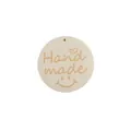 Beige round wooden charm with Hand Made engraving and smiley face for DIY jewelry - Natural