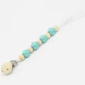 Baby pacifier clip with natural wood beads and light blue silicone geometric beads - Green
