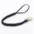 Handwoven black leather pacifier clip with silver metal clasp for baby accessories - Black