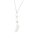White silicone feather teething necklace for babies with grey cord and geometric beads - White