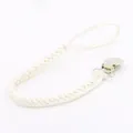 White braided faux leather pacifier clip with silver metal crocodile clip for babies - White