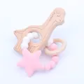 Wooden giraffe teether and silicone star bead ring set with pink and white colors - Pink Deer Style