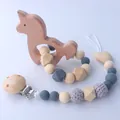 Beech wood unicorn teether and silicone pacifier clip set in blue and grey tones - Unicorn Style / Gray
