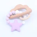 Detail of star silicone teether and beech wood rings for baby sensory teething relief - Light Purple Cloud Style