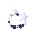 Detail of silicone pacifier clip with star bead and crochet textures for baby teething - White