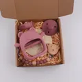 Pink silicone bear teether gift set with pacifier and wooden clip for newborns - Dusty Rose (Pacifier Style)