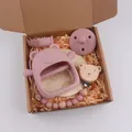 Baby pink silicone bear teether and pacifier set in a neat kraft gift box packaging - Light Dusty Rose (Pacifier Style)