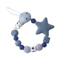 Silicone pacifier clip with blue and grey beads and a black star pattern bead - Gray