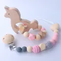 Baby beech wood alpaca teether and silicone pacifier clip set with pink crochet beads - Alpaca Style / Pink