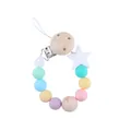 Silicone pacifier clip with macaron beads and wooden star star charm on white background - Light Color Style