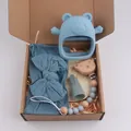 Coffret cadeau dentition bébé avec ours en silicone bleu Morandi et attache-tétine - Gray Blue (Headband Style)