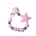 Pink silicone pacifier clip with star pendant and textured beads for baby teething - Pink