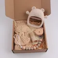Coffret cadeau dentition bébé ours en silicone mauve avec bandeau et attache-tétine assortis - Beige (Headband Style)