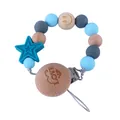 Baby pacifier clip with blue silicone beads, wooden heart star pieces and LOVE engraved clip - Blue