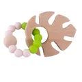 Detail of baby teething bracelet featuring beech wood leaf and pastel silicone beads - Fruit Green