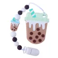 Detail of baby silicone teether clip with bubble tea design and textured beads - Brown