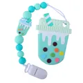 Detail view of silicone bubble tea teether and matching green beaded pacifier clip - Green