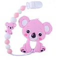 Pink koala baby teether and silicone pacifier clip set on a clean white background - Pink