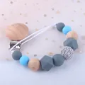 Silicone pacifier clip with grey and blue beads and natural wood accents - Grey